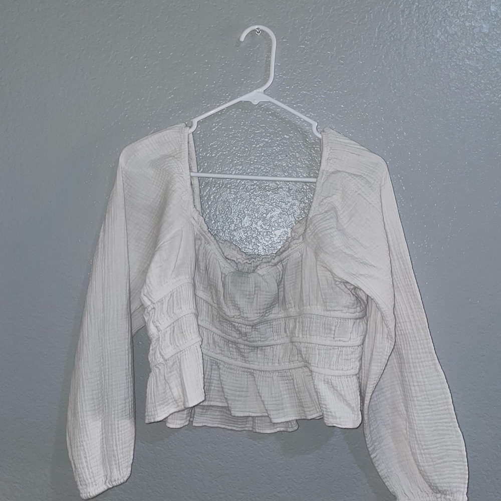 Cropped Long Sleeve White Ruffle Top